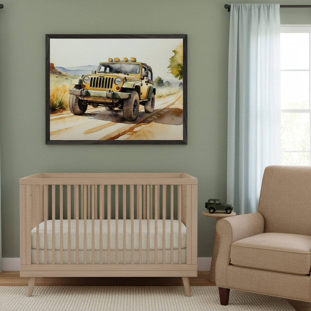 Modern nursery with a light wood crib and a beige armchair. A large framed watercolor painting of a yellow Jeep driving on a dirt road hangs centered above the crib.