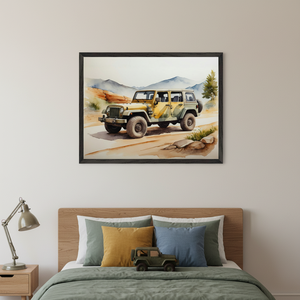 Kid's bedroom with a wooden bed and a nightstand. A large black-framed watercolor painting of a yellow and green Jeep on a dirt road with mountains and a tree hangs above the bed. A matching toy Jeep sits on the bed.