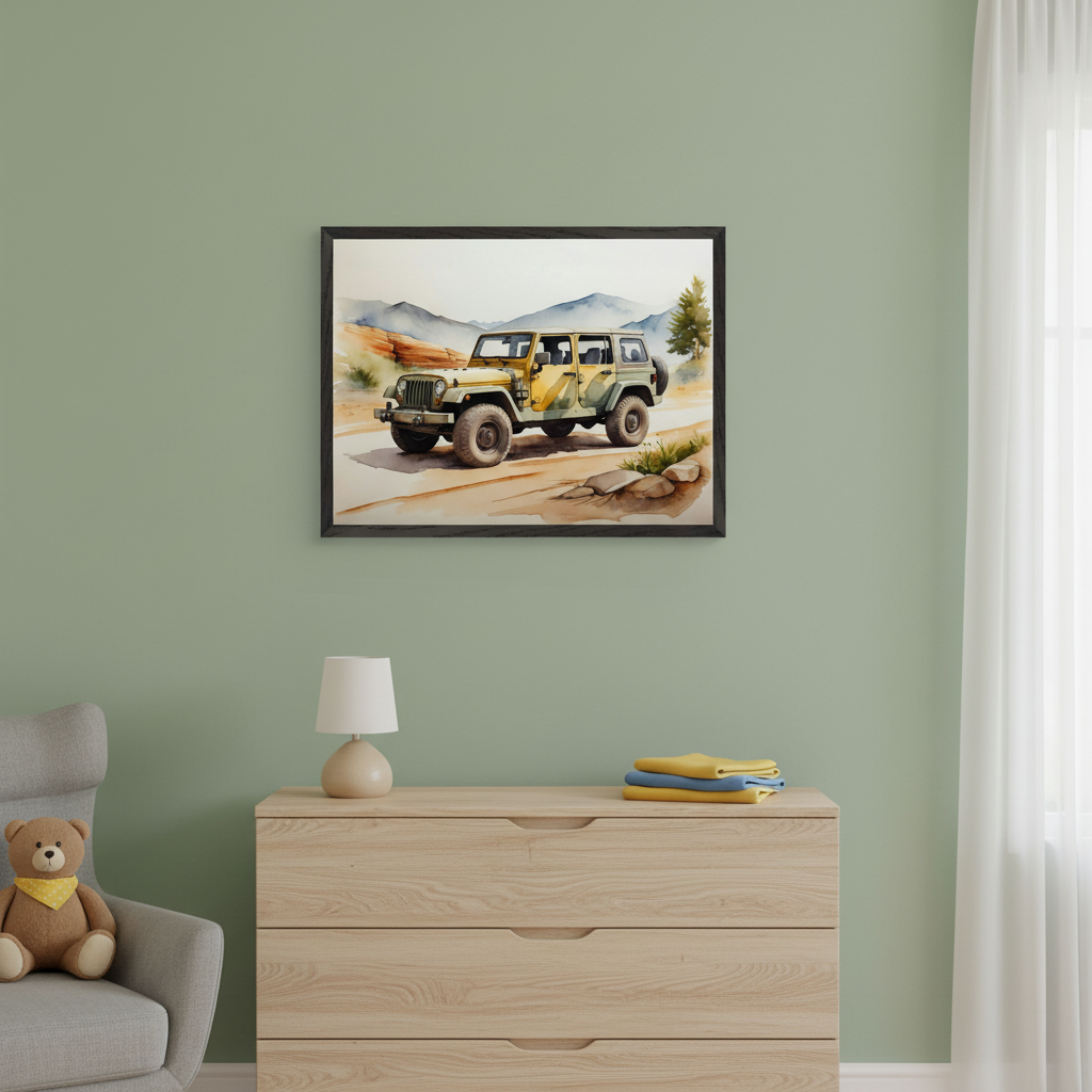 Nursery with a light wood dresser and gray armchair. Above the dresser hangs a framed watercolor painting of a yellow-green Jeep on a dirt road with mountains. A table lamp is on the dresser, a teddy bear in the armchair.