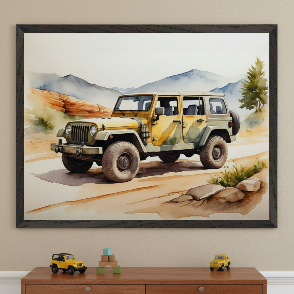 Kid's room with a wooden dresser. Above it, a large black-framed watercolor painting depicts a yellow and green camouflage Jeep on a dirt road with mountains and a pine tree. Two toy Jeeps and wooden blocks are on the dresser.