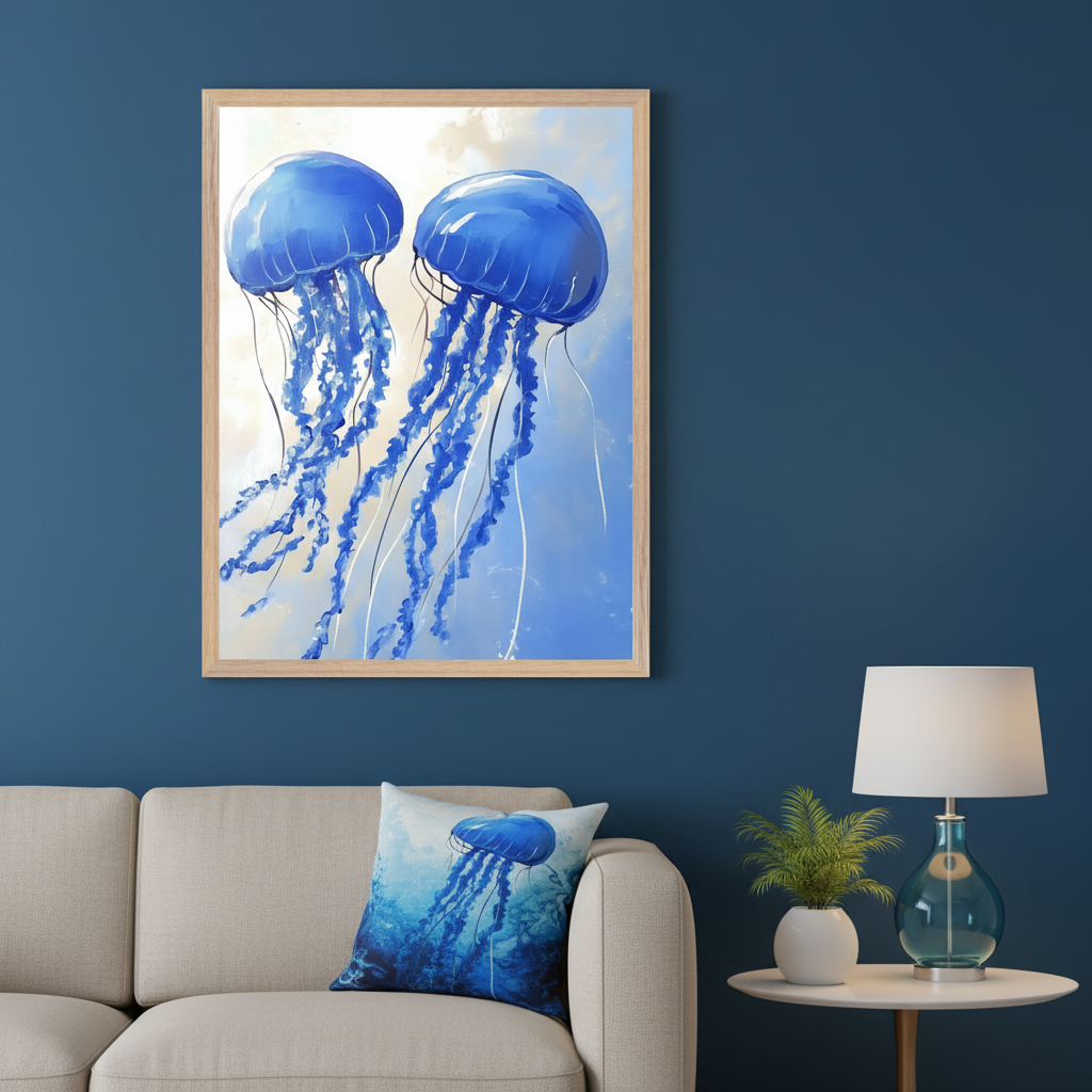 Modern living room with a beige sofa against a dark blue wall. A large framed painting of two vibrant blue jellyfish with long tendrils hangs above the sofa. A matching jellyfish throw pillow is on the sofa.