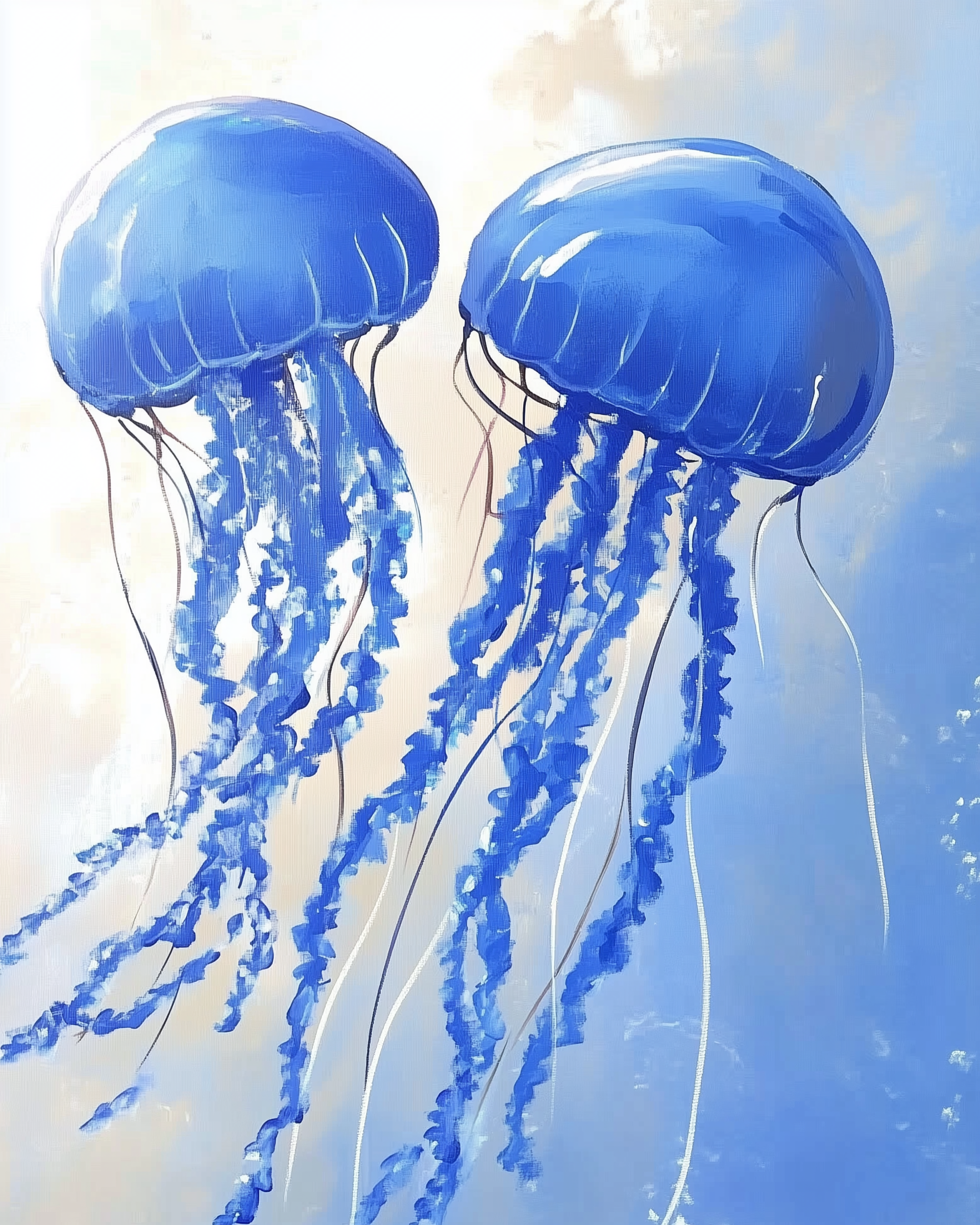 Two vibrant blue jellyfish float gracefully against a soft, cloudy background, with their long, flowing tentacles trailing beneath them.