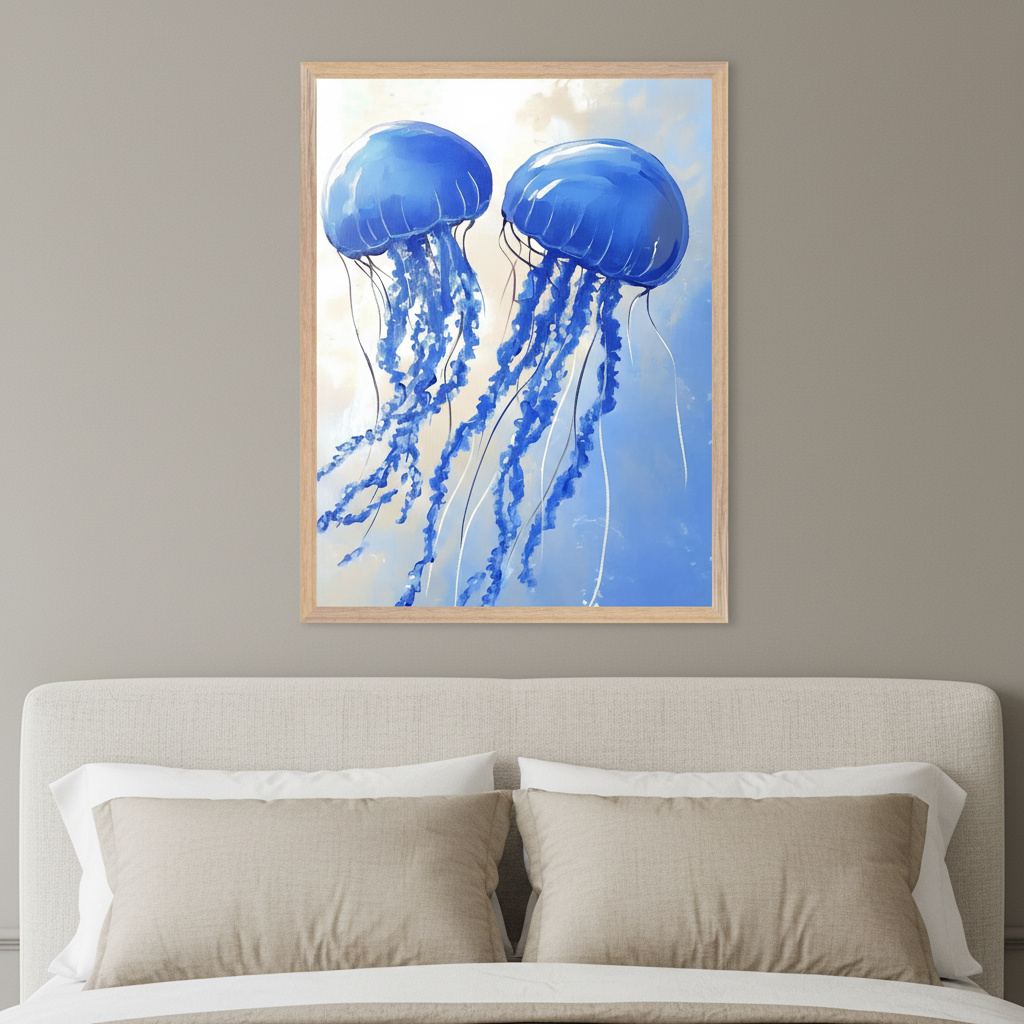 Modern bedroom with a light beige upholstered bed. A framed painting of two large blue jellyfish with flowing tentacles is centered above the bed on a gray wall.