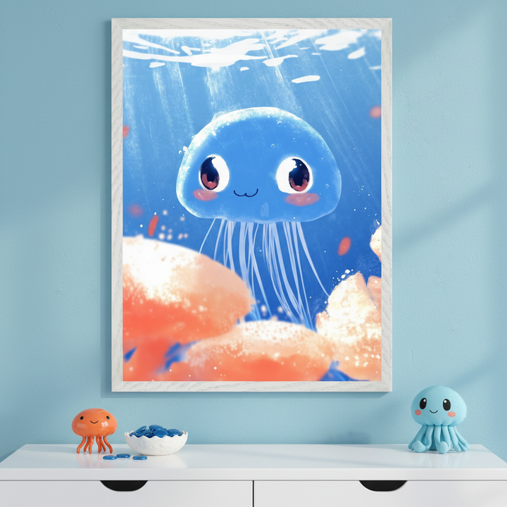 Kid's bedroom with a light blue wall. A large framed print of a smiling blue cartoon jellyfish underwater, with sunlight and orange shapes, hangs above a white dresser. An orange octopus toy, a bowl, and a blue octopus plush sit on the dresser.