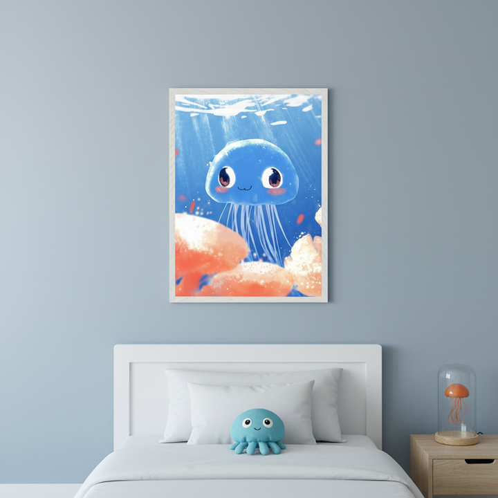Kid's bedroom with a light blue wall and white bed. A framed cartoon illustration of a blue jellyfish underwater with orange coral hangs above the bed. A blue octopus plush is on the bed, and a jellyfish lamp is on a wooden nightstand.