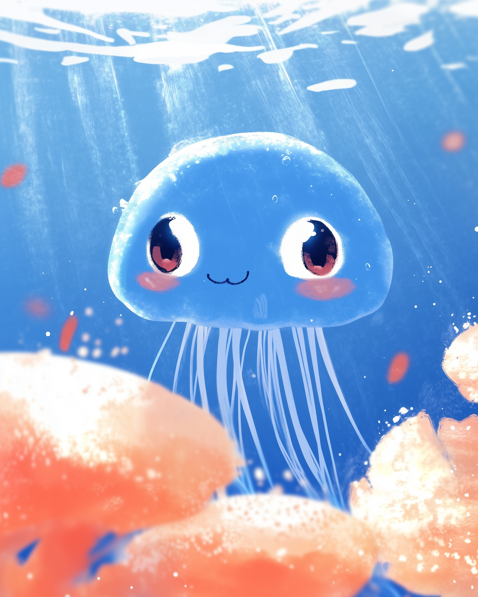 A cute, cartoonish blue jellyfish with big, expressive eyes and a small smile floats underwater. Its long, thin tentacles drift below, surrounded by soft, glowing orange coral and bubbles, with sunlight filtering through the water.