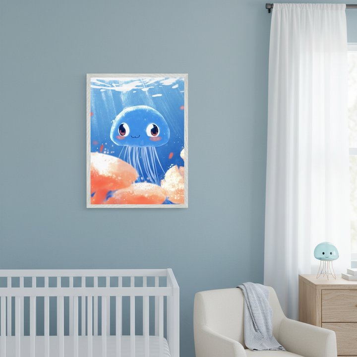Modern nursery with a muted blue wall. A white crib is on the left. A cream armchair, light wood nightstand, and white curtains are on the right. A framed print of a cartoon blue jellyfish in an underwater scene with orange coral hangs above the crib.