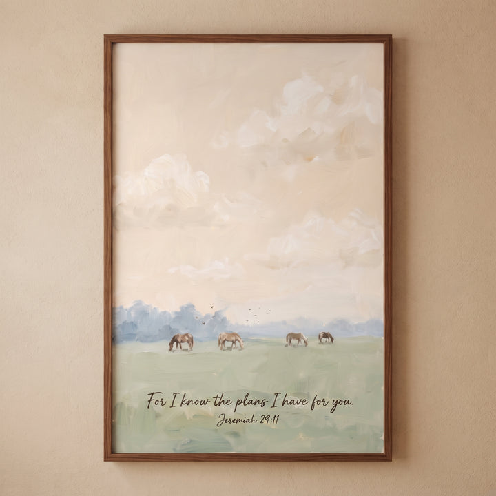 Framed jeremiah 29 11 horse wall art showing a landscape of horses grazing in a meadow under a soft cloudy sky.