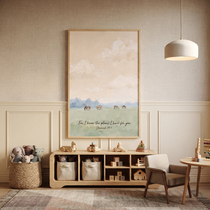 Jeremiah 29 11 horse wall art hangs in a neutral nursery above a wooden toy shelf with stuffed animals and blocks.