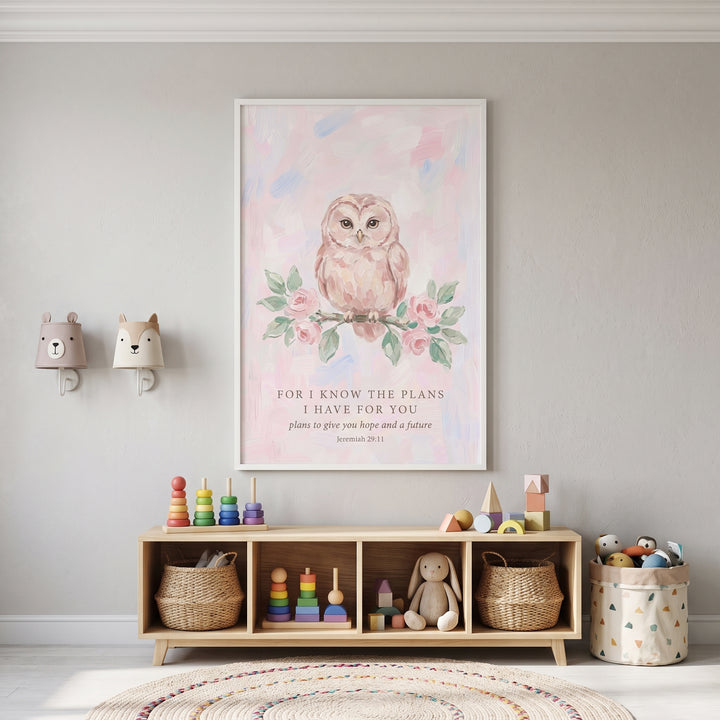 Jeremiah 29 11 owl bible wall art hangs above a wooden toy shelf in a neutral nursery with animal wall lamps.