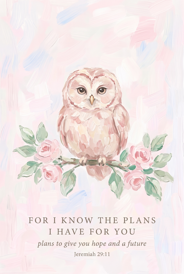 Jeremiah 29 11 owl bible wall art with a pink owl on a rose branch and inspirational scripture text.