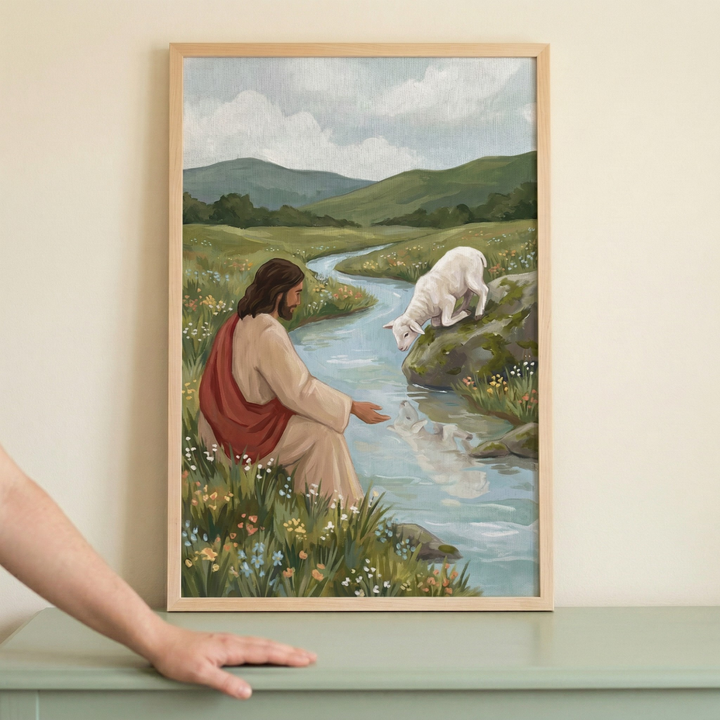 A framed illustration depicting Jesus Christ sitting peacefully on a grassy bank by a winding stream. On the opposite side of the water, a small white lamb bows its head to drink. The landscape features rolling green hills under a soft, cloudy sky. Jesus is shown with long brown hair, wearing a tan robe and a red sash. The scene is filled with wildflowers and soft light, capturing a serene pastoral moment. The artwork is presented in a light-colored wooden frame.