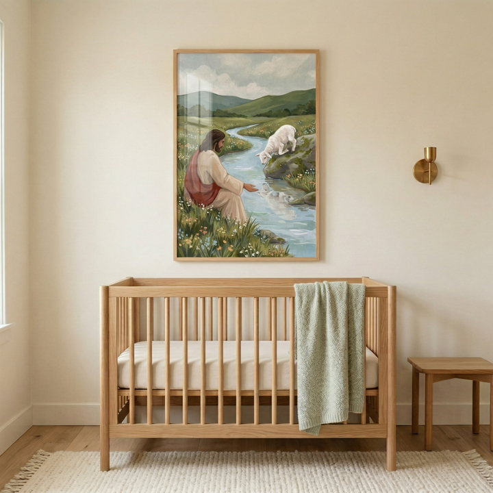 A serene nursery room features light-colored walls and light wood flooring. In the center, a light wood crib with a white mattress has a pale green knit blanket draped over its side. Above the crib, a large framed art piece depicts Jesus Christ in robes sitting near a stream in a lush green landscape with rolling hills. He extends a hand toward a small white lamb drinking from the water. To the right of the crib is a simple wooden stool and a gold wall sconce. 