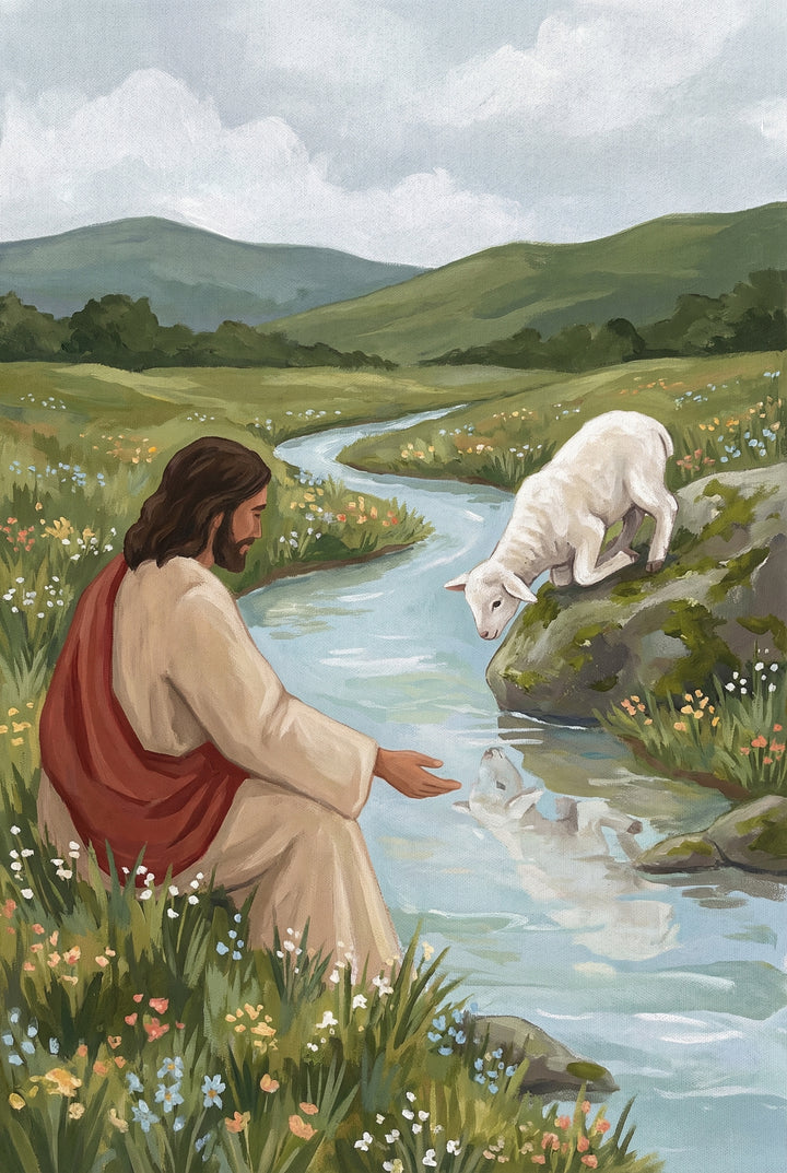 A peaceful illustration of Jesus sitting beside a flowing stream reaching his hand toward a lamb in the water surrounded by wildflowers and rolling green hills.
