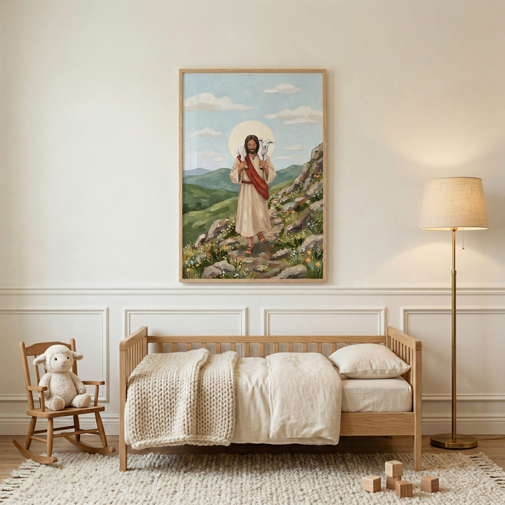 A serene child's bedroom features a framed artwork of Jesus Christ as a shepherd, carrying a white lamb on his shoulders. He is depicted walking along a rocky path set against a backdrop of soft green hills and a light blue sky. Below the artwork is a wooden toddler bed with cream-colored linens. To the left, a small wooden rocking chair holds a plush stuffed lamb. To the right, a tall floor lamp with a fabric shade stands on a plush white rug where several wooden blocks are scattered.
