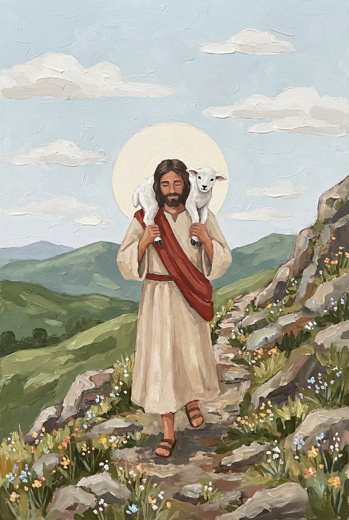 Devotional painting of Jesus walking along a rocky mountain path with a white lamb draped across his shoulders. A pale halo, rolling green hills, scattered wildflowers, and a light blue sky create a calm and protective shepherd scene.