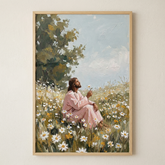 A framed impressionistic artwork depicts Jesus sitting peacefully in a meadow of white and yellow daisies. He wears a soft pink robe and gazes toward the sky, holding a single flower. Thick, textured brushstrokes define the lush greenery of a tree on the left and a pale blue sky above. The piece is presented in a light wooden frame against a neutral wall, showcasing a serene and contemplative scene with a high-contrast, impasto-style texture.