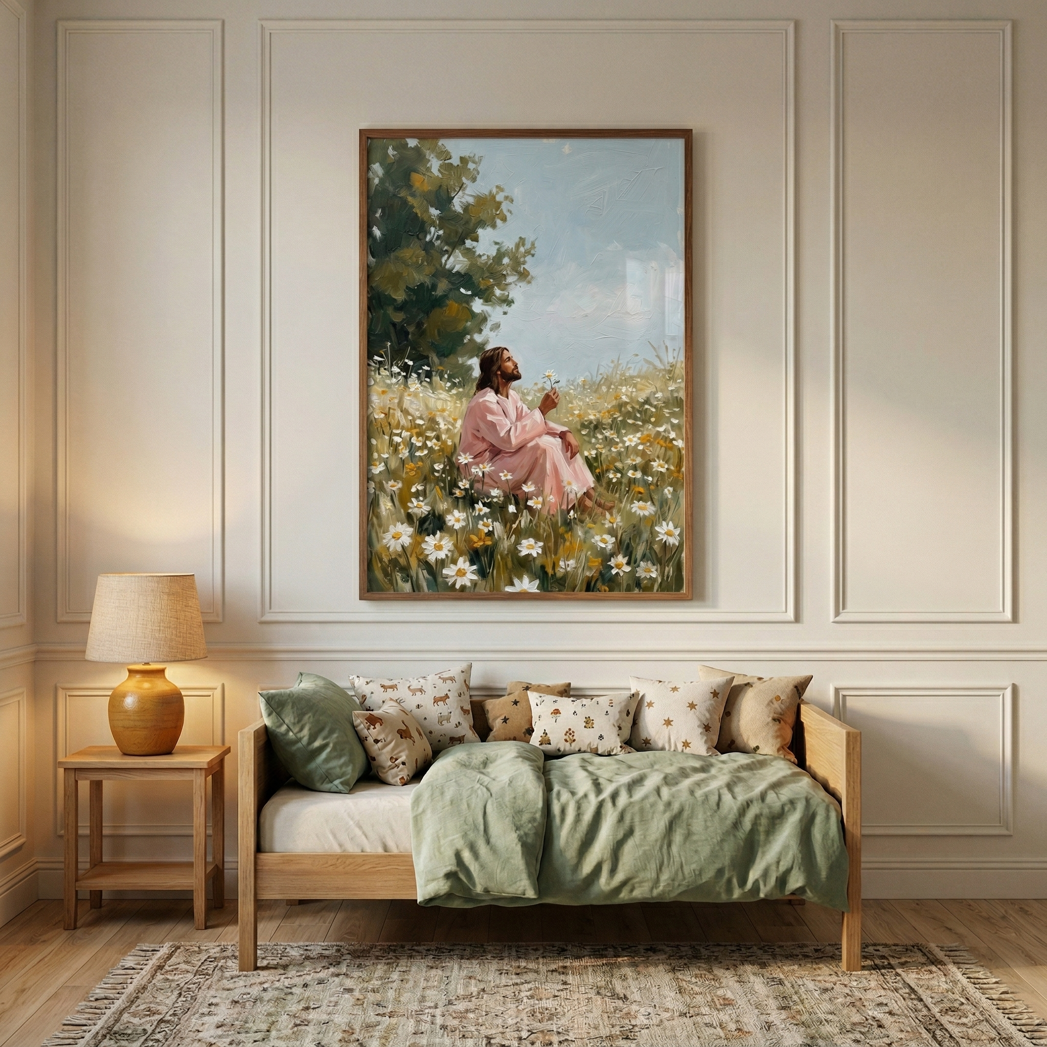 A cozy room features a light wood daybed with pale green bedding and several patterned pillows. Centered on the cream-paneled wall above is a large framed artwork showing Jesus in a pink robe, sitting in a field of white daisies and looking up at a flower. To the left, a small wooden table holds a glowing lamp with a yellow base. A patterned rug lies on the light wood floor.