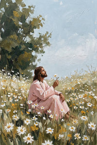Painterly scene of a bearded man in a soft pink robe sitting in a meadow of white daisies and holding a single flower. He looks upward beside a tall tree under a pale blue sky, creating a quiet and reflective mood.