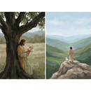 Jesus leans against the trunk of a large dark tree while holding a bouquet of red orange purple and white wildflowers. The background is a muted meadow with soft hills and a calm overcast sky. Jesus stands on a rocky cliff beside a small white lamb and looks out over a wide green valley. He is shown from behind with a faint halo and layered hills fading into the distance under a pale blue sky.