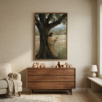 A peaceful interior displays a framed vertical artwork of Jesus standing next to a large tree in a field, holding a colorful bouquet. The frame hangs above a wooden dresser with three drawers, holding simple wooden toys. To the left, a cream-colored armchair features a textured pillow and a knit throw. A small lamp sits on a shelf to the right. The room is filled with warm, soft light, featuring neutral-toned walls, light wooden floors, and a plush rug.