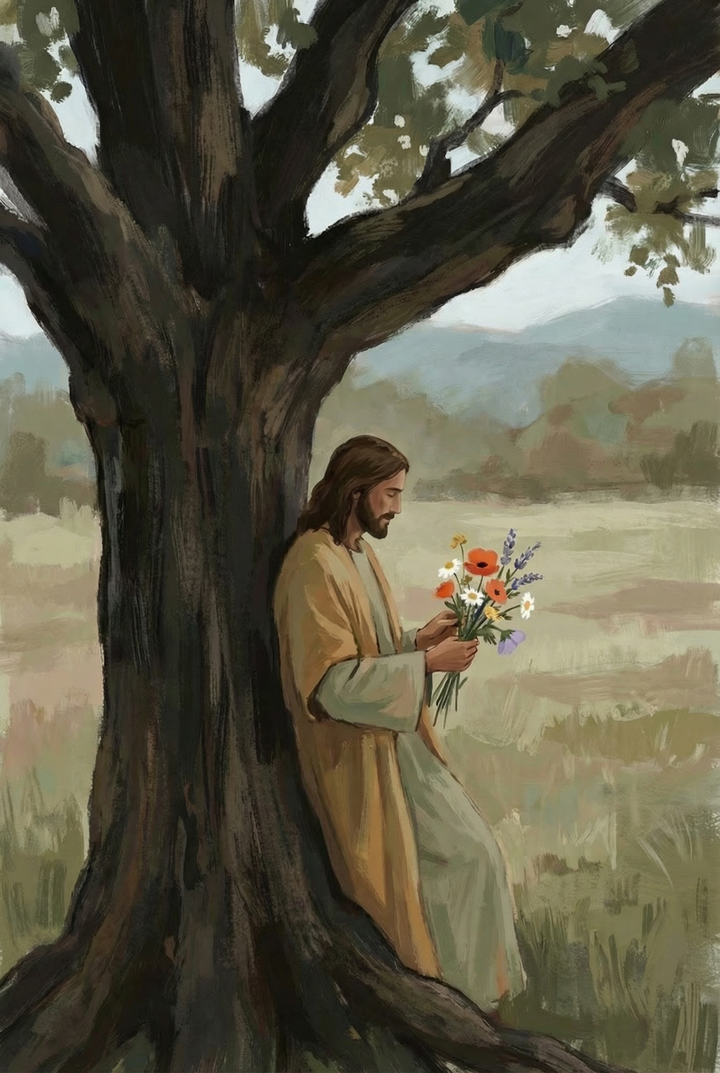 A bearded man in a robe leans against the dark trunk of a large tree while looking down at a small bouquet of wildflowers in his hands. The muted field and distant hills create a calm reflective countryside scene.