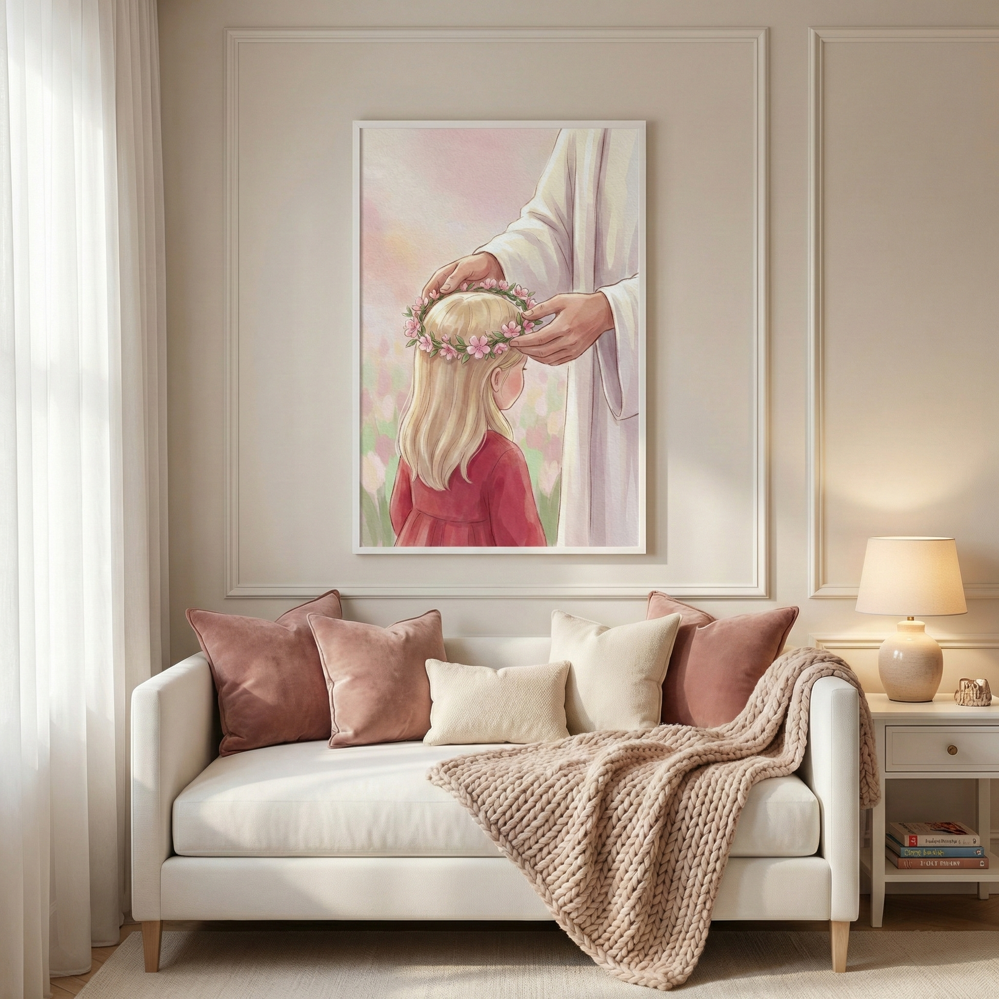 A framed artwork hangs on a light-colored wall with decorative molding above a white sofa. The artwork depicts Jesus Christ gently placing a crown of pink flowers on the head of a young girl with blonde hair who is wearing a red dress. The background of the illustration features a soft field of flowers under a pale pink sky. The sofa below is styled with several plush pillows in shades of dusty rose and cream, along with a thick, chunky knit beige throw blanket. 