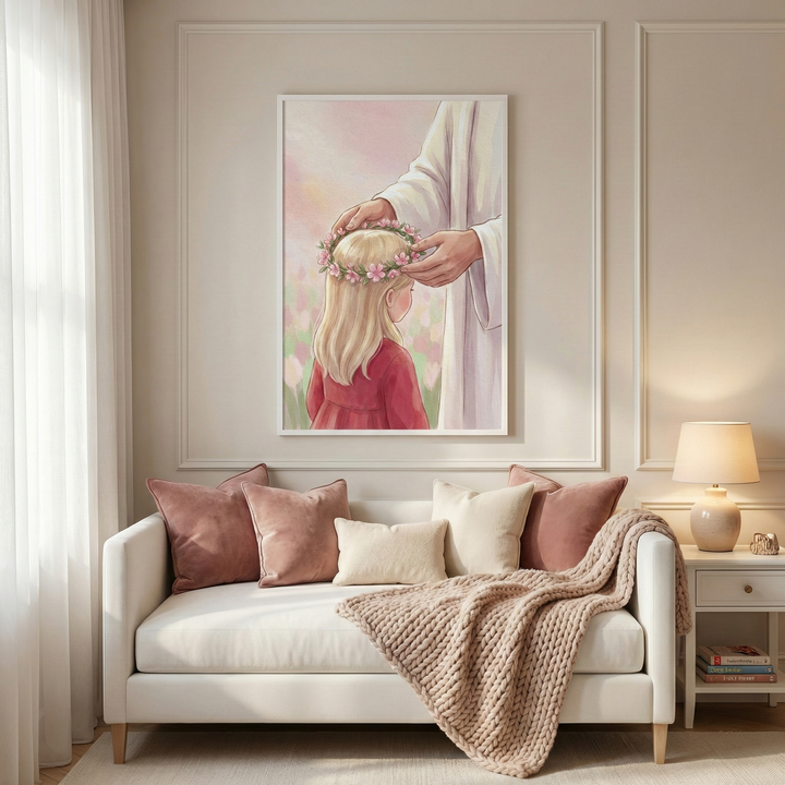 A framed artwork hangs on a light-colored wall with decorative molding above a white sofa. The artwork depicts Jesus Christ gently placing a crown of pink flowers on the head of a young girl with blonde hair who is wearing a red dress. The background of the illustration features a soft field of flowers under a pale pink sky. The sofa below is styled with several plush pillows in shades of dusty rose and cream, along with a thick, chunky knit beige throw blanket. 
