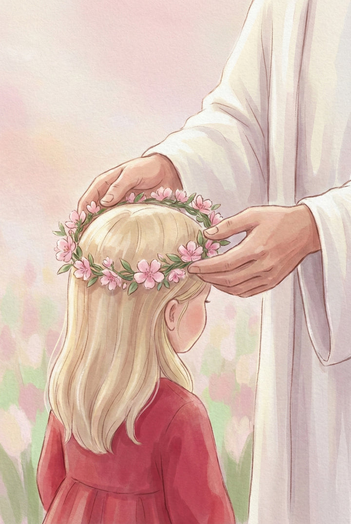 Close up pastel illustration of hands gently placing a pink flower crown on a blonde child wearing a red dress. The soft green and pink background blurs into a garden like setting. The delicate gesture highlights tenderness and blessing.

