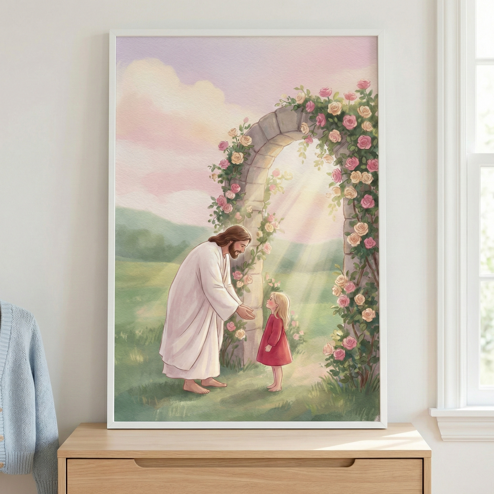 A framed watercolor-style illustration shows Jesus Christ standing in a soft, sunlit meadow. He is dressed in a flowing white robe and is reaching out his hands towards a young girl in a red dress. They stand before a large stone archway adorned with climbing pink and yellow roses. Bright beams of light shine through the arch from a soft pink and purple sky. The artwork is set in a white frame on a light wooden dresser, next to the edge of a blue sweater.