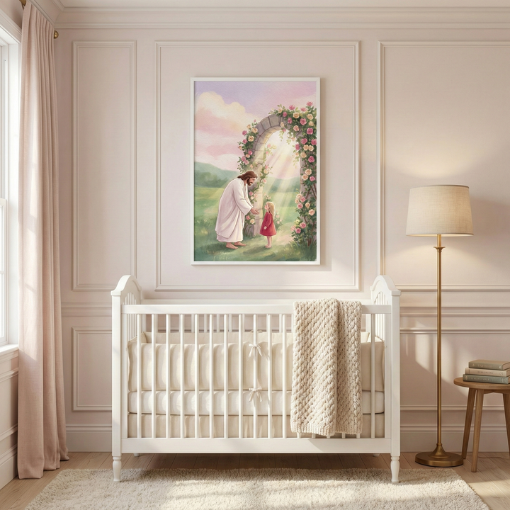 A peaceful nursery features a white crib against a soft pink wall with decorative molding. A framed illustration above the crib shows Jesus in a white robe reaching toward a little girl in a red dress by a flower-covered stone arch. Sunlight and a pastel sky fill the background of the art. The room includes a cream knit blanket on the crib, pale pink curtains, a gold floor lamp, and a small wooden table with books. A light-colored rug sits on the floor.