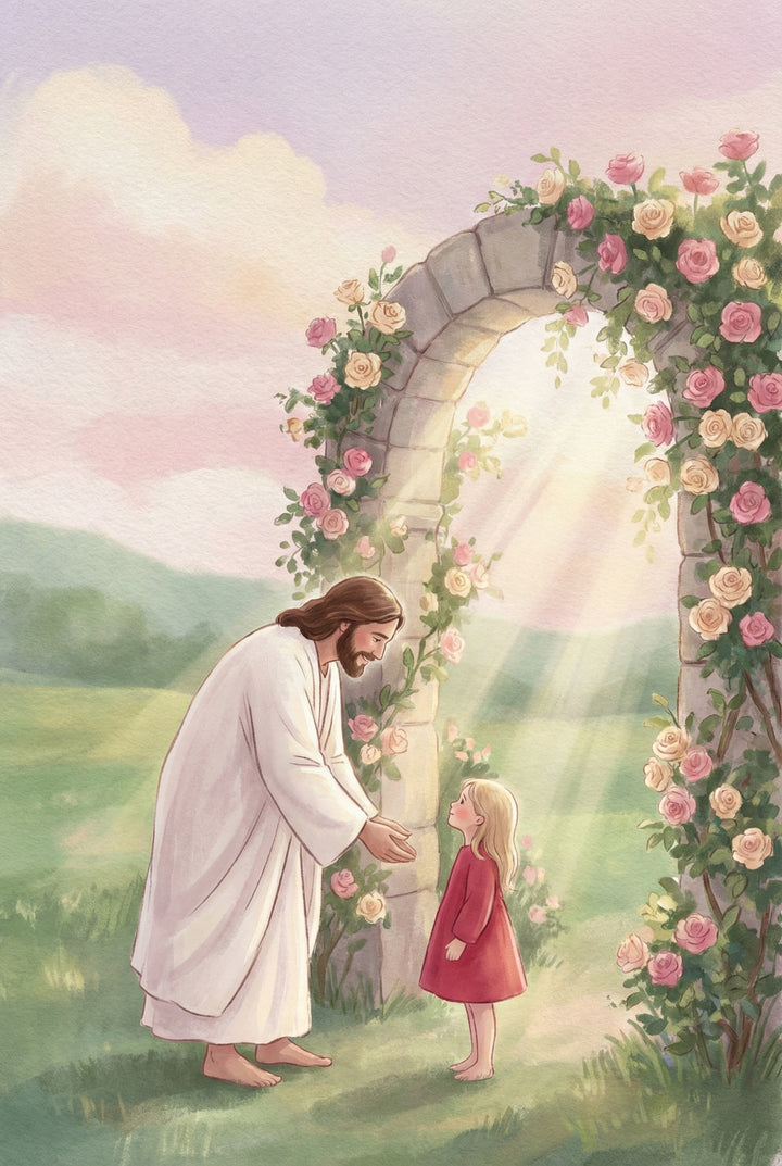 Dreamy pastel illustration of Jesus reaching out to a young girl in a red dress beneath a stone arch wrapped in blooming pink and cream roses. Sunlight streams through the flowers and casts soft rays across the grass. The floral setting creates a warm and welcoming atmosphere.
