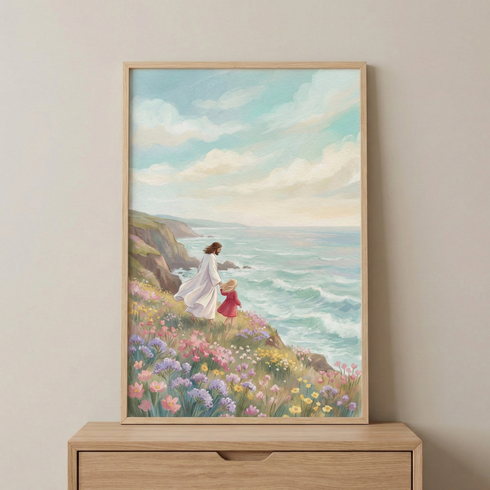 A vertical art piece in a light wood frame displays a serene scene. Jesus, wearing a flowing white robe, walks along a clifftop while holding the hand of a small child in a red dress. They are surrounded by a field of blooming wildflowers in a variety of pastel colors. Below the cliff, the blue ocean waves gently roll towards the shore under a bright, cloud-filled sky. The style of the artwork is soft and illustrative with a focus on light and color.