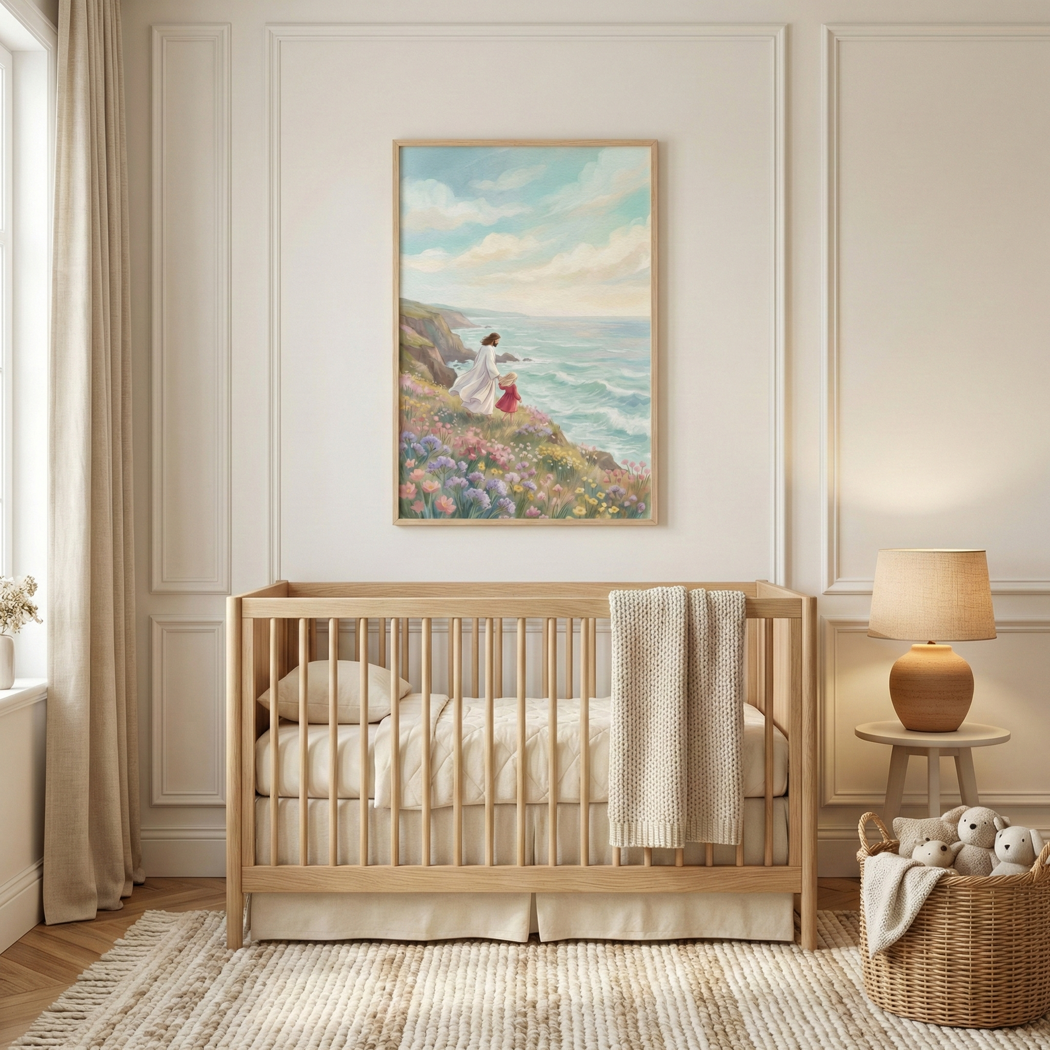 A neutral-toned nursery features a light wood crib with cream-colored bedding and a knitted throw. Above the crib, a framed artwork depicts Jesus in a white robe walking with a child in a red dress along a cliffside blooming with wildflowers. The scene overlooks a calm ocean under a soft sky. To the right, a small side table holds a round lamp, next to a woven basket filled with plush toys. The room is decorated with off-white paneled walls, beige curtains, and a textured rug.