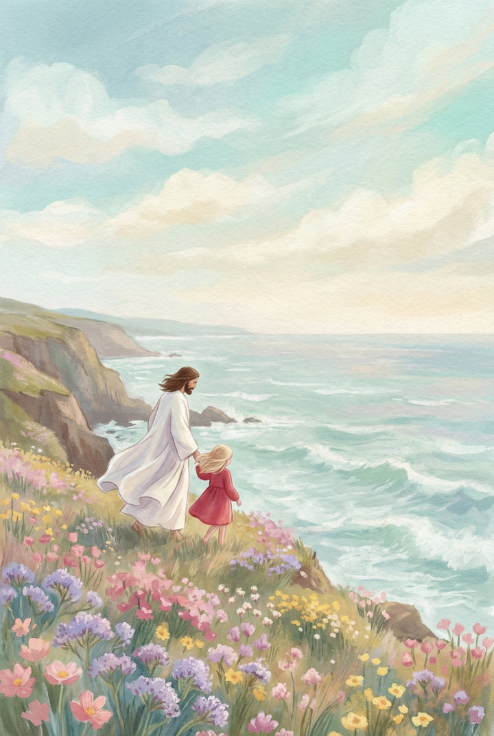 Soft landscape illustration of Jesus walking hand in hand with a young girl along a cliff covered in pink and yellow wildflowers overlooking a blue ocean. Waves roll below under a pale sky with scattered clouds. The flowing robe and wind swept grass add a sense of movement and freedom.

