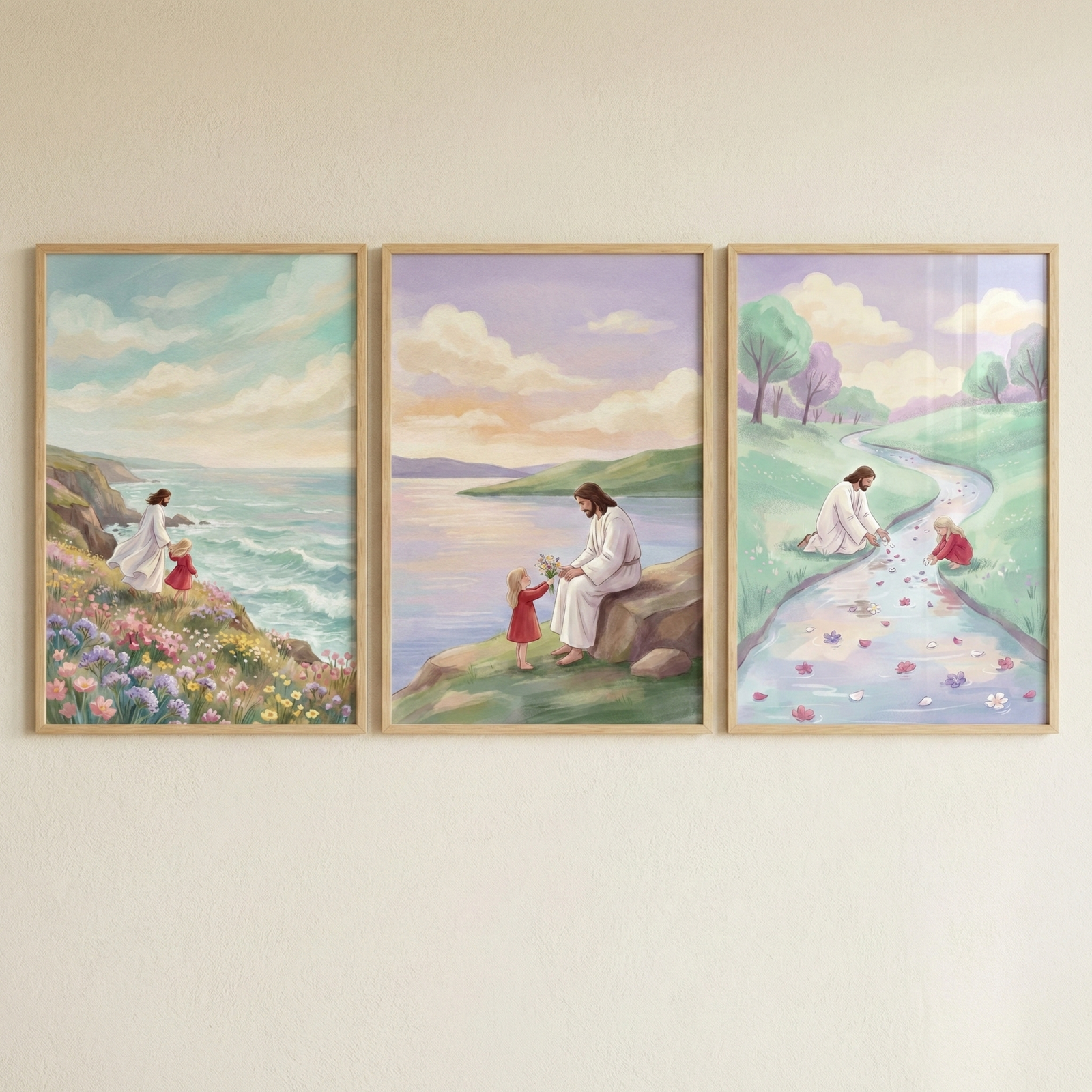 A triptych of three vertical framed illustrations features Jesus in a white robe and a small girl in a red dress. In the left scene, they walk through vibrant wildflowers along a coastal cliff overlooking the sea. The center illustration shows Jesus sitting on a rock by a calm lake as the girl offers him a bouquet under a soft pastel sky. The right scene features them by a gentle stream in a green meadow, scattering pink petals. The set has a soft, whimsical watercolor style.