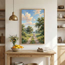 A cozy kitchen scene features a wooden table adorned with a bowl of fresh oranges and a vase of wildflowers. Above the table hangs a framed painting depicting a serene landscape with a person walking a dog down a sunlit path, surrounded by lush greenery and trees under a partly cloudy sky.