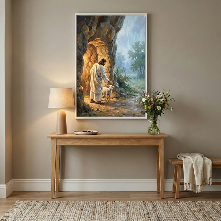 A large framed artwork of Jesus hangs on a neutral-colored wall in a minimalist room. The artwork shows Jesus in a white robe standing at the entrance of a glowing cave, gently petting a small white lamb. Below the artwork is a light wood console table holding a modern lamp, a small bowl, and a vase of wildflowers. To the right is a wooden bench with a fringed white blanket. A textured rug sits on the light wood floor.
