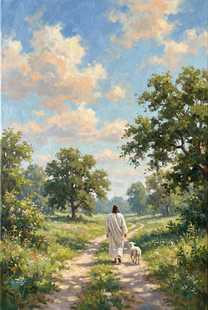 A back-view of Jesus Christ walking along a winding dirt path in a lush, sun-drenched landscape. He is dressed in a simple white robe, and a small white lamb walks faithfully by his side. The path is bordered by green grass, wildflowers, and leafy trees that cast soft shadows. In the distance, the landscape opens up under a vast sky filled with soft, glowing white and peach-colored clouds. The scene is rendered with rich, textured brushstrokes, capturing a sense of peace and tranquility.