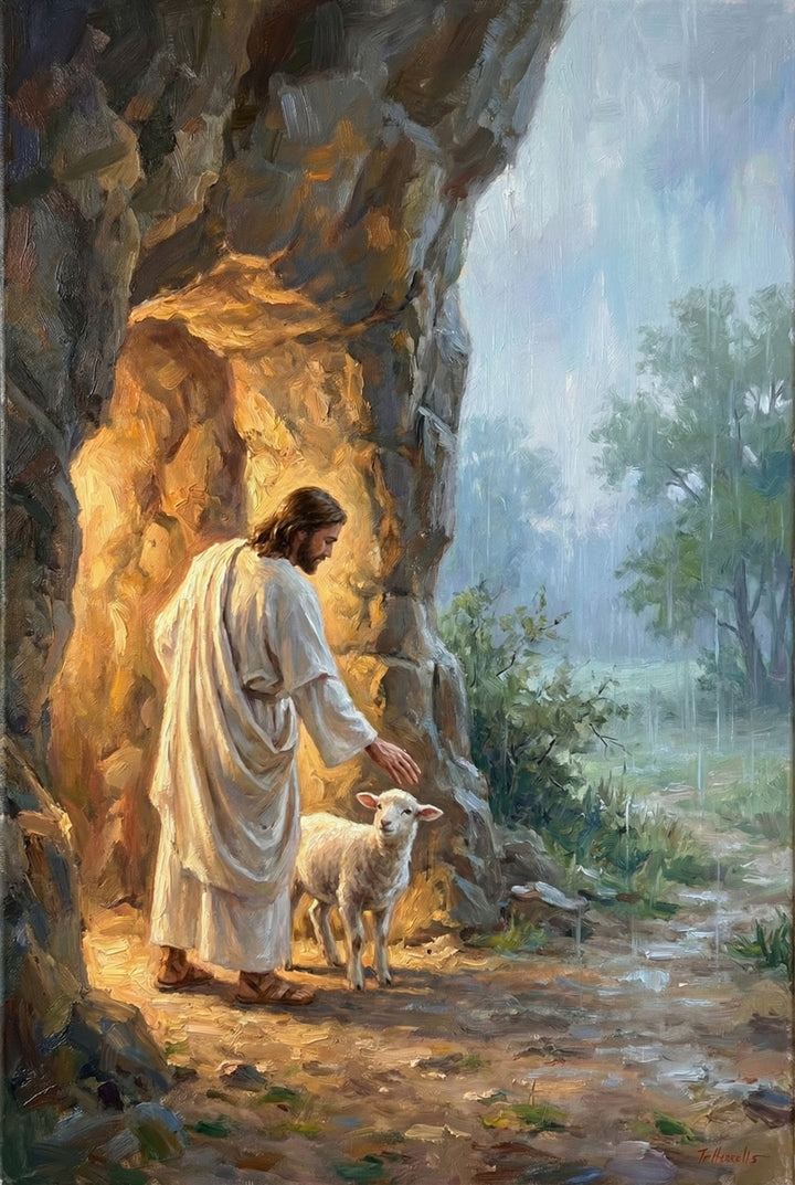 An impressionistic artwork features Jesus Christ standing at the mouth of a stone cavern. Dressed in cream-colored robes, he reaches out with a gentle hand toward a small white lamb. A warm, golden glow emanates from inside the cave, contrasting with the cool, misty rain falling on the trees and path outside. The piece is rendered with rich, textured brushstrokes, creating a luminous and serene atmosphere.