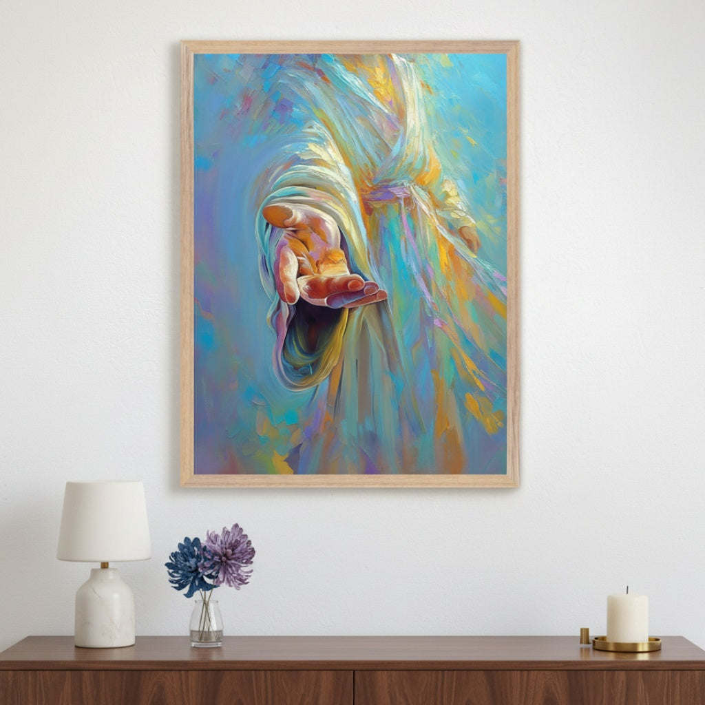 Modern living room with a dark wood console table. A framed impressionistic painting of a robed figure with an outstretched hand, in vibrant blues and yellows, hangs centered above the table. A lamp and flowers are on the table.