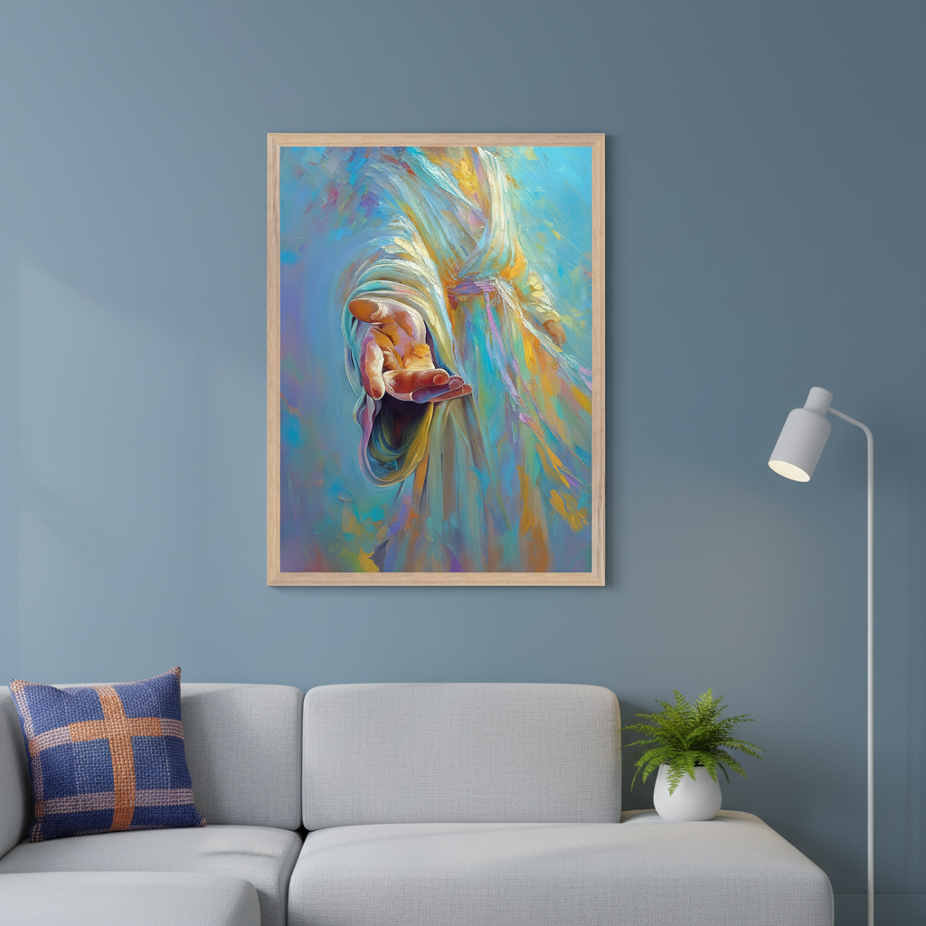 Modern living room with a gray sectional sofa and a blue plaid pillow. A large framed abstract, colorful painting of an outstretched hand in flowing robes hangs above the sofa. A white floor lamp stands next to the sofa, and a small green plant is on the sofa's armrest.