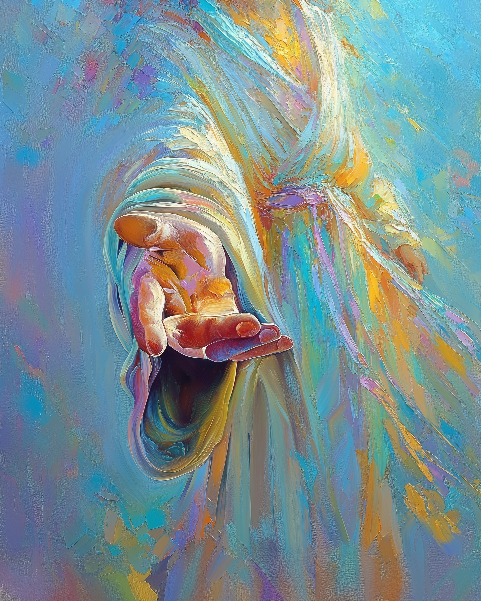 A vibrant painting depicts a hand reaching out, surrounded by flowing, colorful robes in shades of blue, orange, and purple, against a swirling, abstract background.