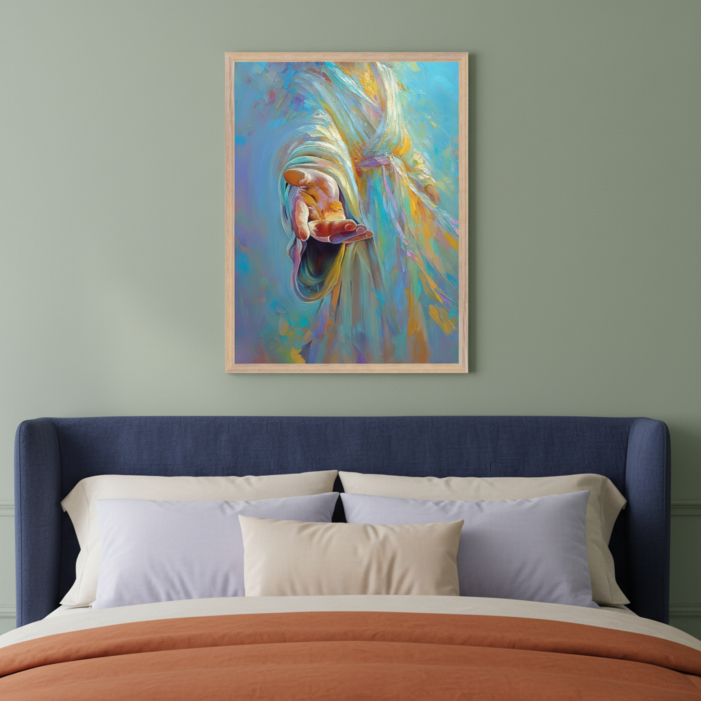 Bedroom with a sage green wall and a blue upholstered bed. A framed, colorful, impressionistic painting of a hand reaching out from flowing robes hangs above the bed.