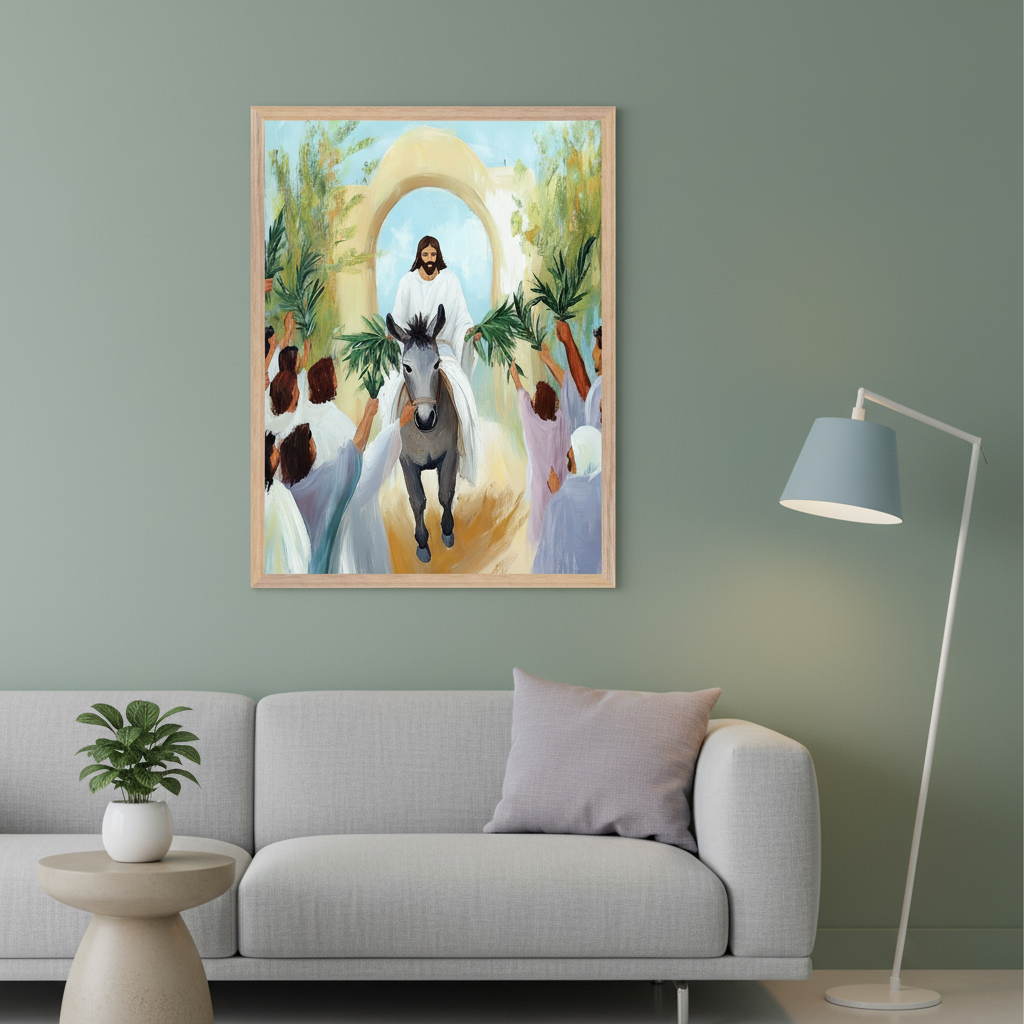 Modern living room with sage green walls. A gray sofa is below a framed painting depicting Jesus riding a donkey, with people holding palm fronds, in a vibrant painterly style. A round side table with a plant is on the left; a blue-shaded floor lamp is on the right.