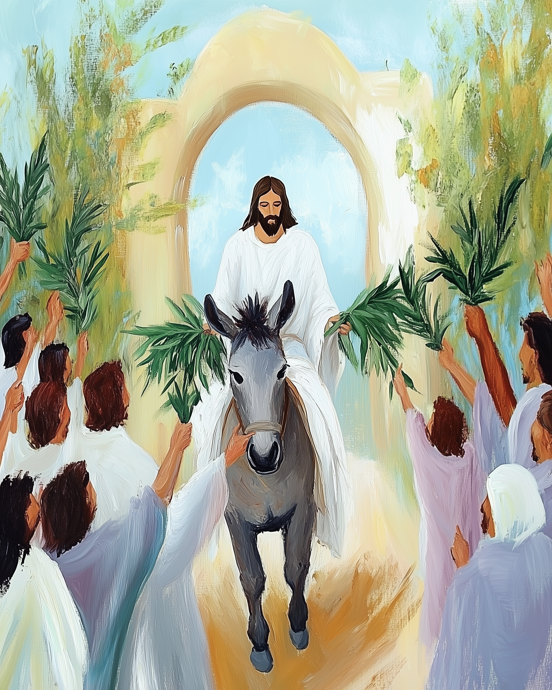 A person in a white robe rides a donkey through an archway, surrounded by a crowd waving palm branches. The scene is vibrant, with greenery and a bright sky in the background, capturing a sense of celebration and reverence.