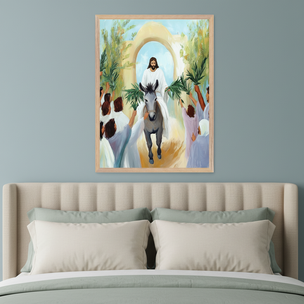 Modern bedroom with a beige upholstered bed and headboard. A framed painting of Jesus riding a donkey with people holding palm fronds hangs centered above the bed.