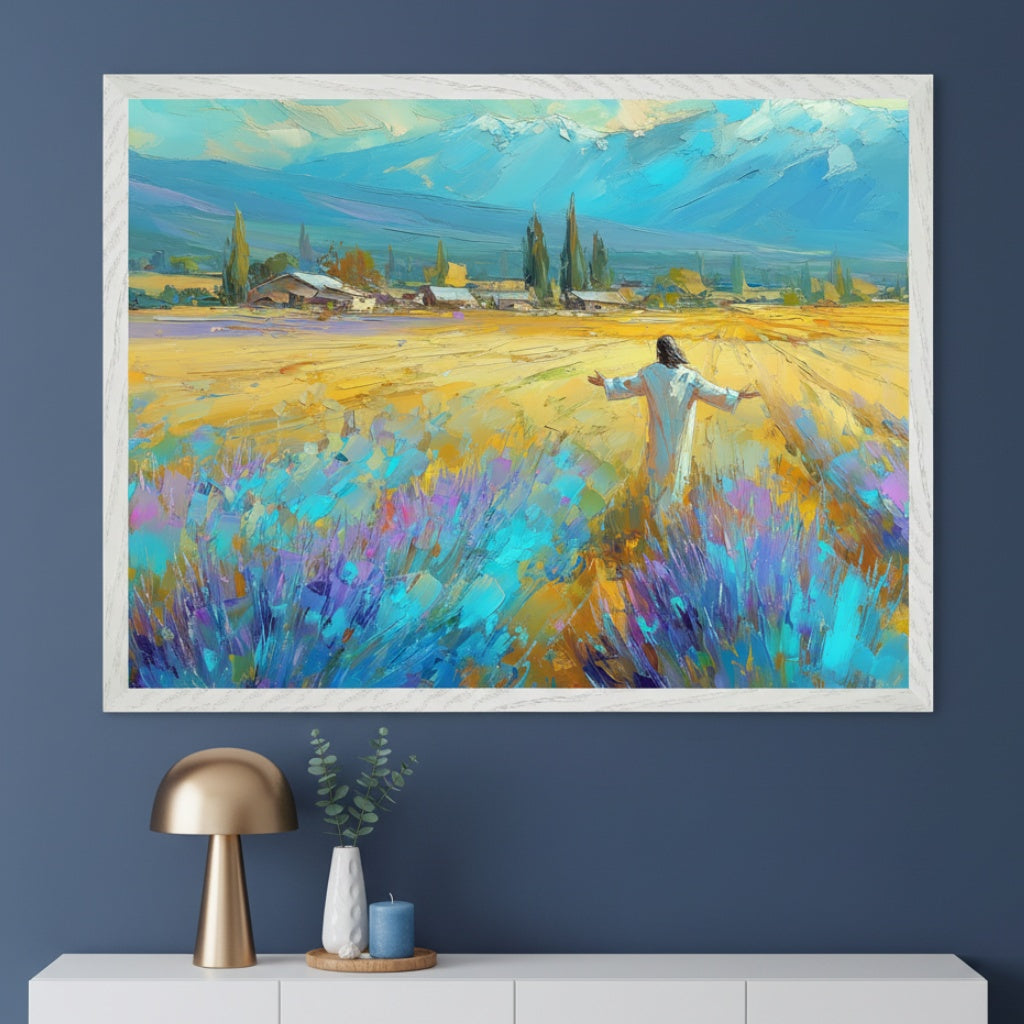 Modern room with a white console table against a blue wall. A large framed impressionistic painting of a figure with outstretched arms in a field of purple and blue flowers, with yellow fields and mountains, hangs above the table.