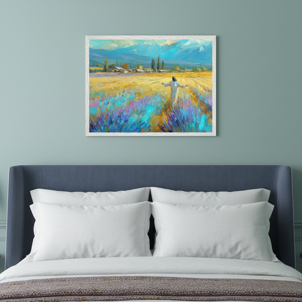 Bedroom with a blue upholstered bed and white pillows. A framed impressionistic painting of a figure in a lavender field with distant mountains hangs centered above the bed.