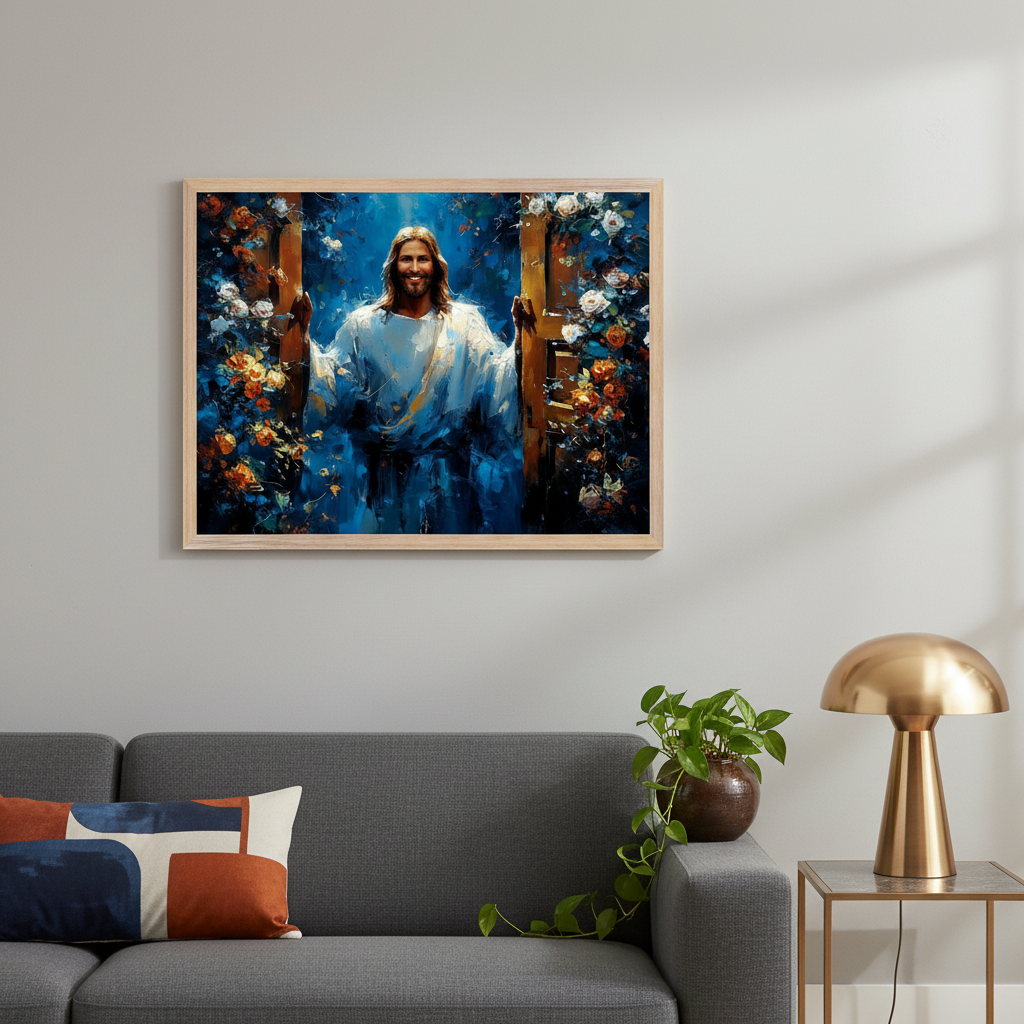 Modern living room with a gray sofa. A large framed painting of Jesus in a white robe, smiling and standing in a flower-filled doorway in a painterly style, hangs centered above the sofa.